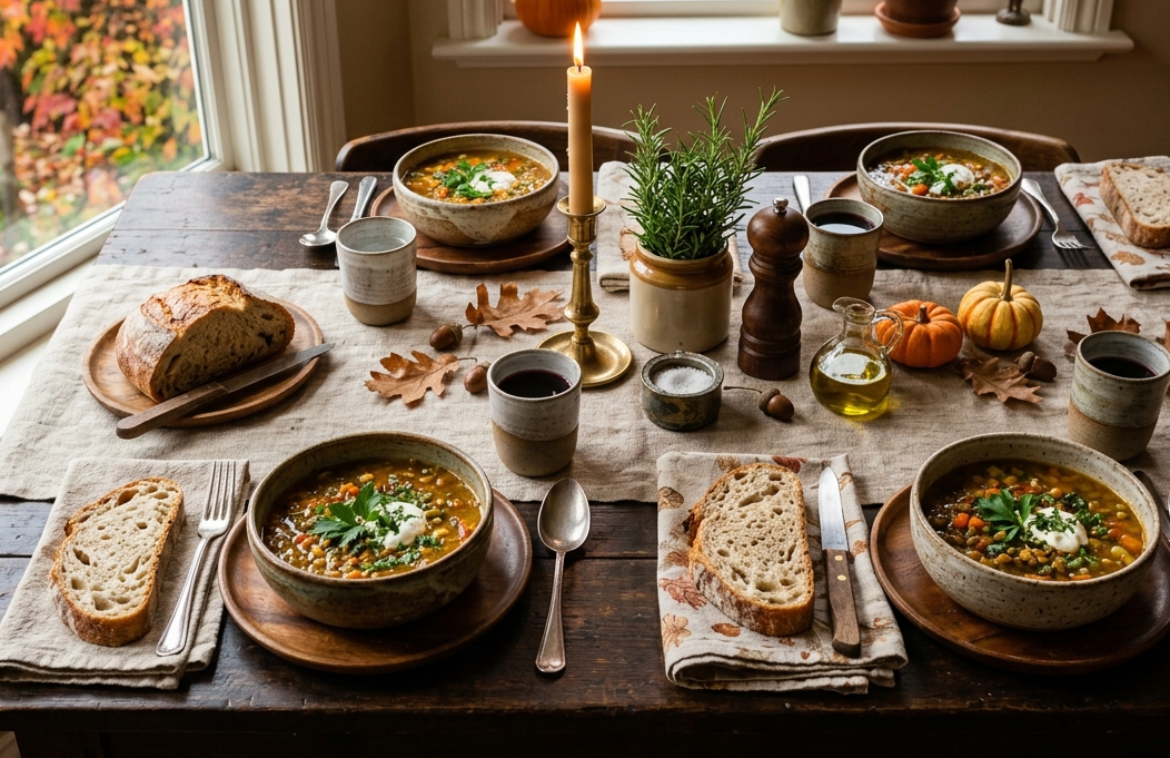 Dampfende Kürbissuppe in einer Keramikschale mit frischen Kräutern